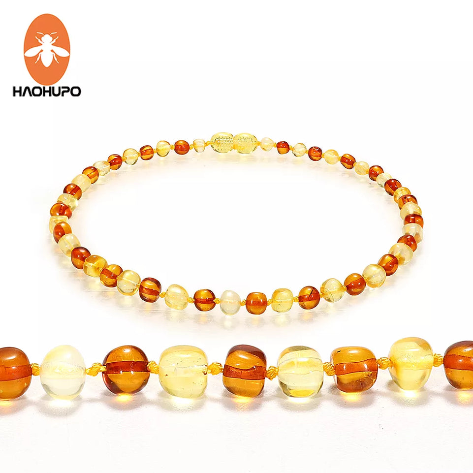HAOHUPO Cognac Gold Amber Teething Bracelet/Necklace for Baby Baltic Natural Amber Collar Boy Girls Birthday Gifts Baby Jewelry