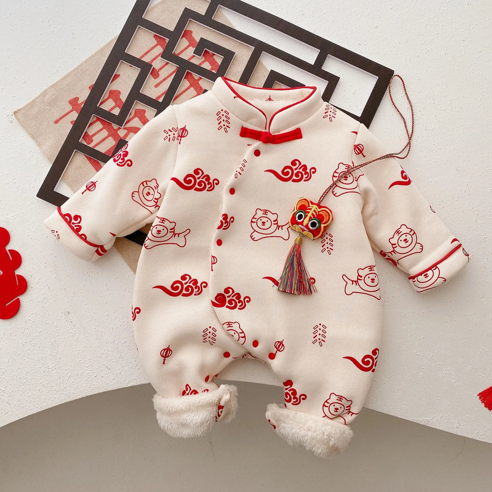 Baby Chinese Traditional Clothes Plus Velvet Thicken Warm Winter Infant Outwear Unisex Newborn Boy Girl Rompers For New Year