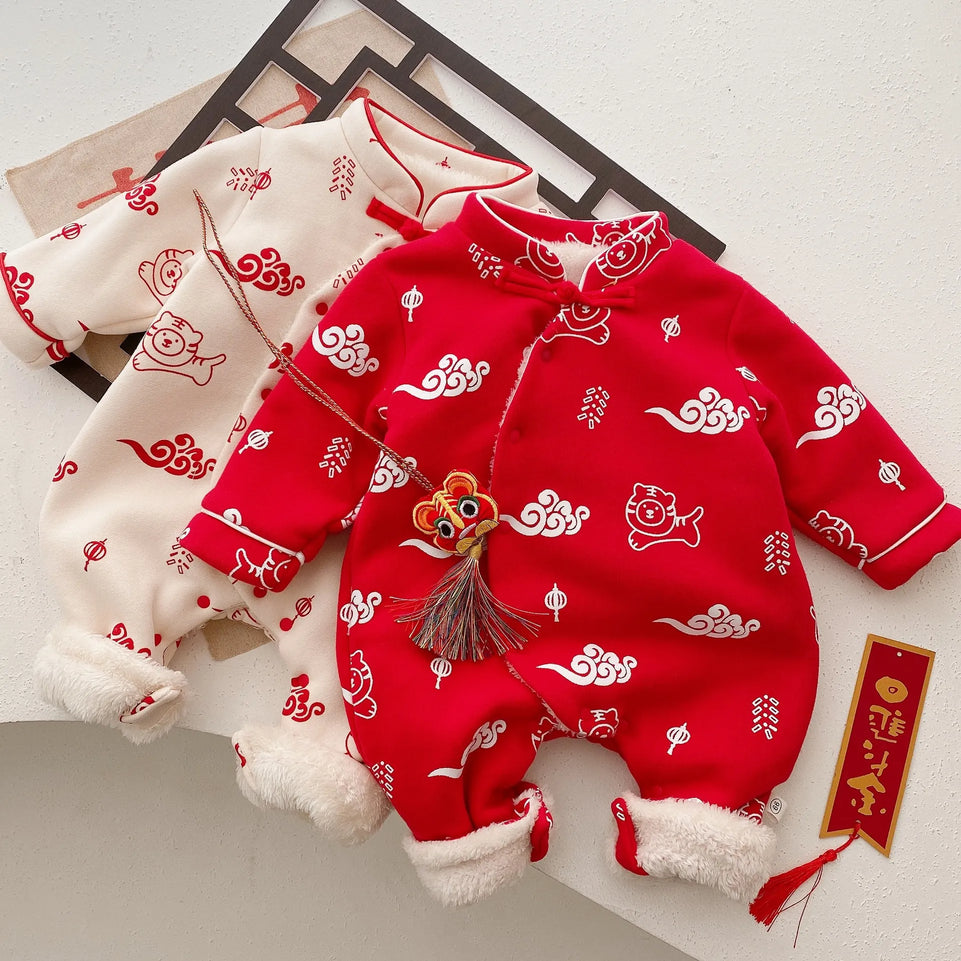 Baby Chinese Traditional Clothes Plus Velvet Thicken Warm Winter Infant Outwear Unisex Newborn Boy Girl Rompers For New Year