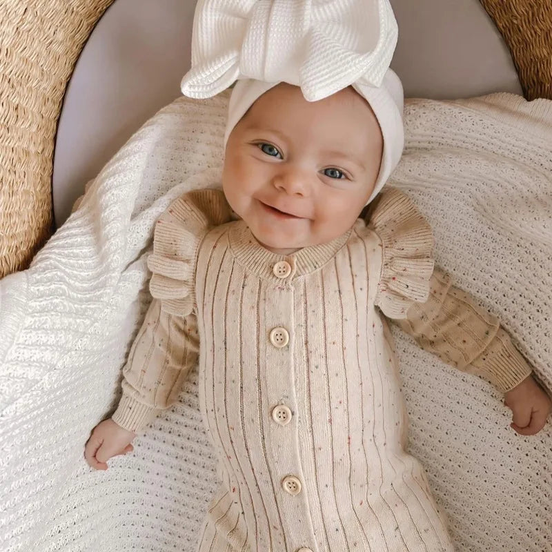 Knitted Baby Jumpsuit Solid Color Long Sleeves Knitted Rompers with Buttons for Toddlers Girls Outfit Newborn Baby Clothes