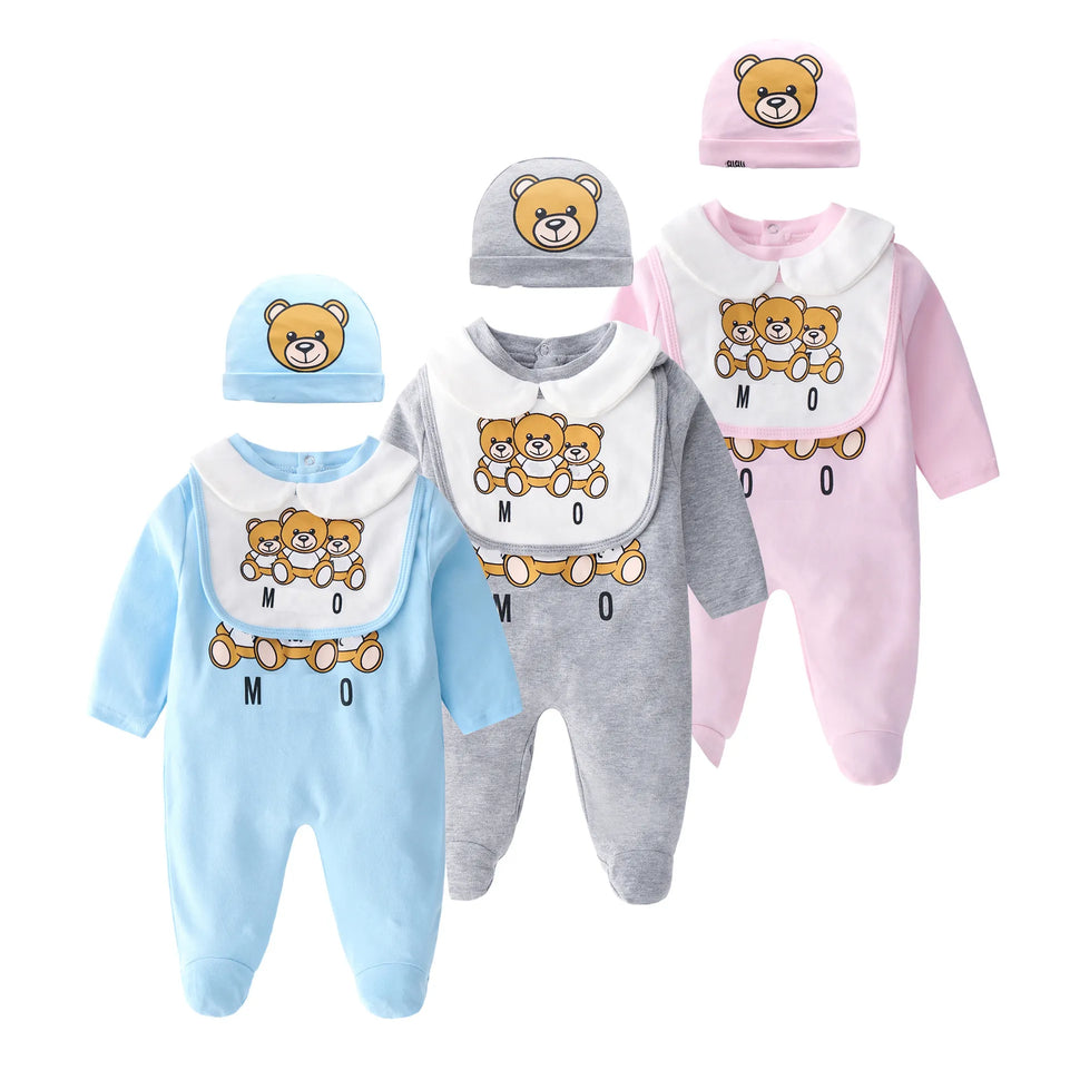 Kawaii Baby Cotton Clothes One-piece Baby Climbing Suit Newborn Baby Bear One-piece Pink Gray Blue Dress Baby Long-sleeved Pants
