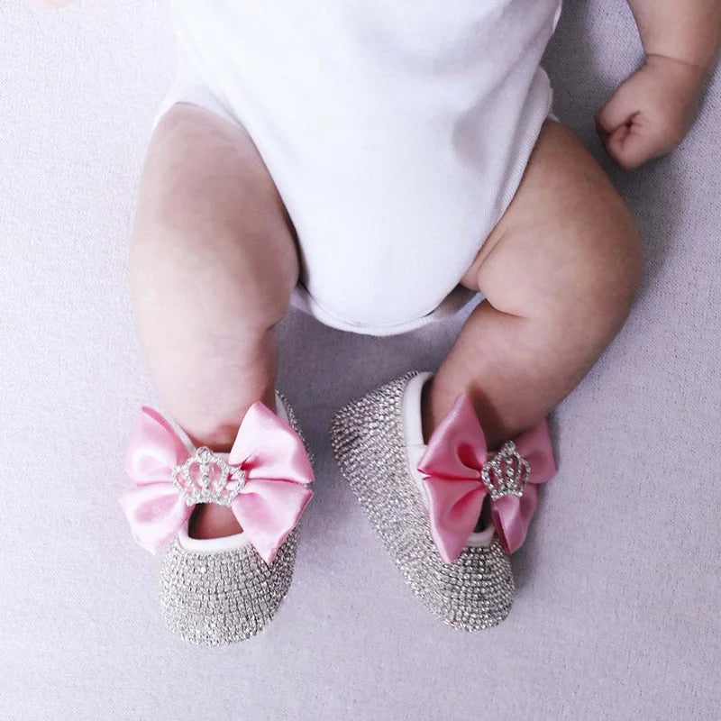 Luxury Baby Girl Shoes Crown Bows Headband Set Crystal Princess Newborn Shoes Photography Prop Toddler First Walker Baby Items