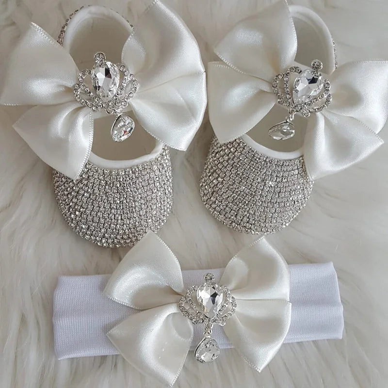Luxury Baby Girl Shoes Crown Bows Headband Set Crystal Princess Newborn Shoes Photography Prop Toddler First Walker Baby Items