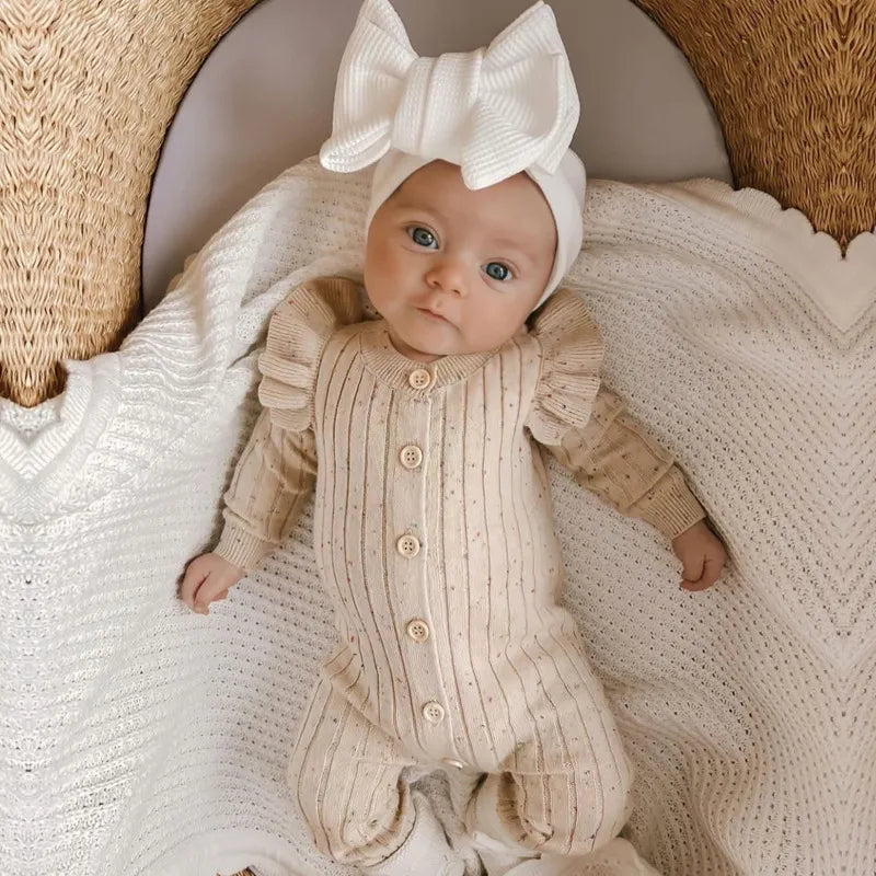 Knitted Baby Jumpsuit Solid Color Long Sleeves Knitted Rompers with Buttons for Toddlers Girls Outfit Newborn Baby Clothes